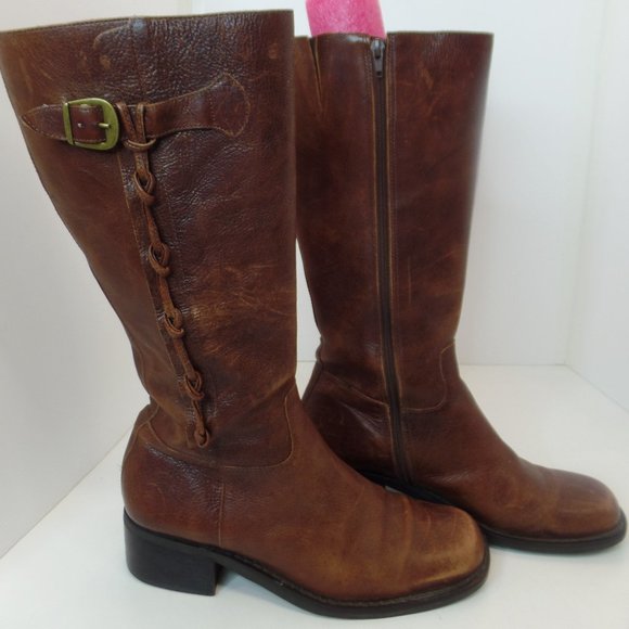 Shoes - Brown Leather Zip Up Boots W Braided Trim & Buckle With Character Sz 9  #6436398